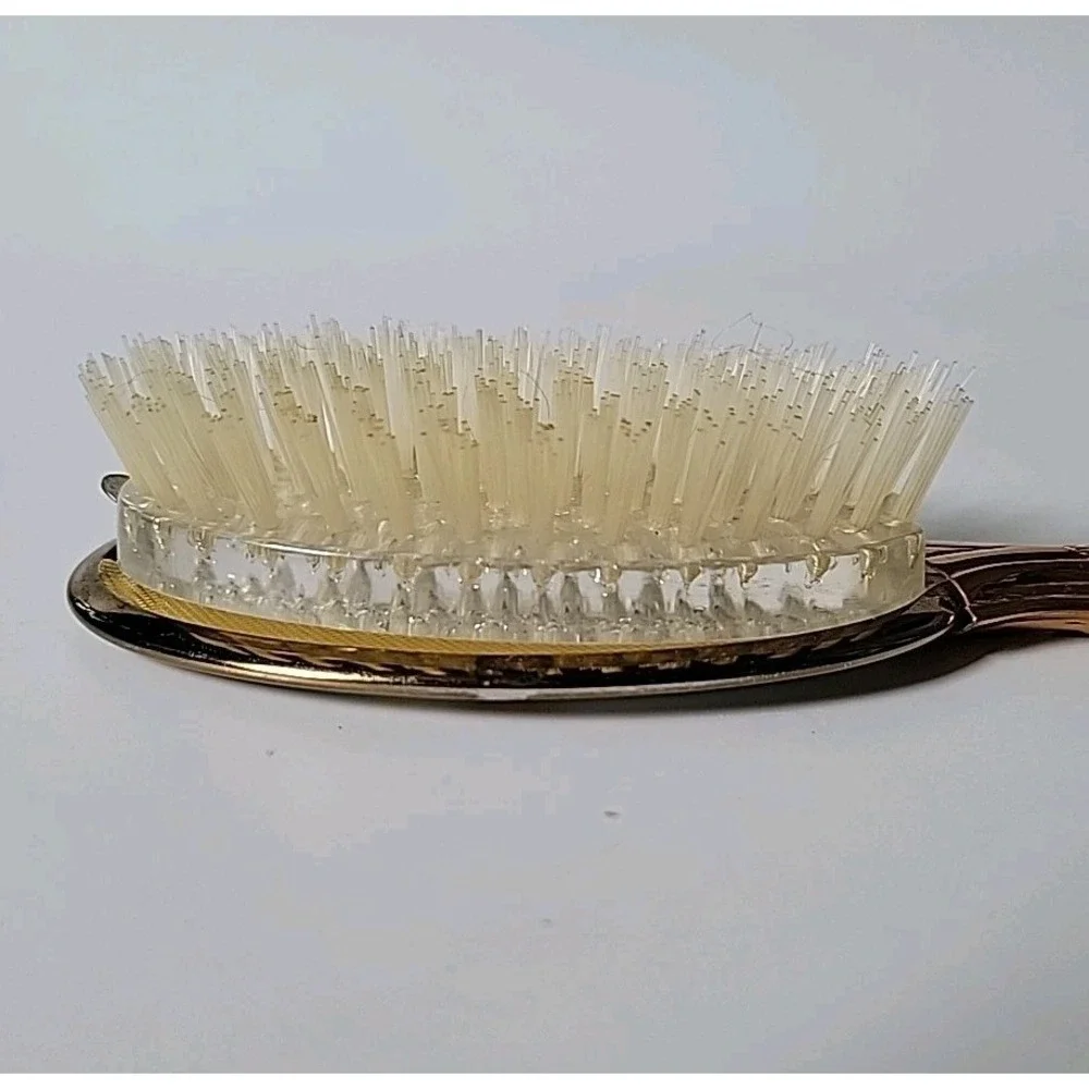 Vintage Handheld‎ Vanity Mirror Brush Set Brass Handle Ornate Floral Art Deco